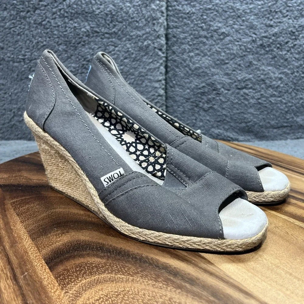 Toms Calypso Espadrille Platform Wedge Brown Canvas Peep Toe‎ Shoes Pumps Size 9